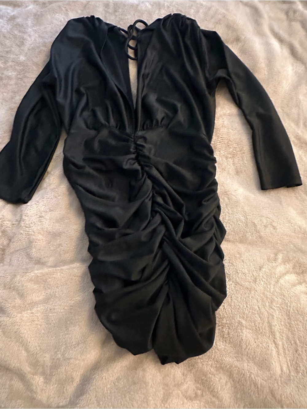 Black Ruched Long-Sleeve V-Neck Dress